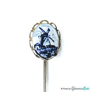 Vintage Delft Windmill Oval Porcelain Silver Tone Stick Pin